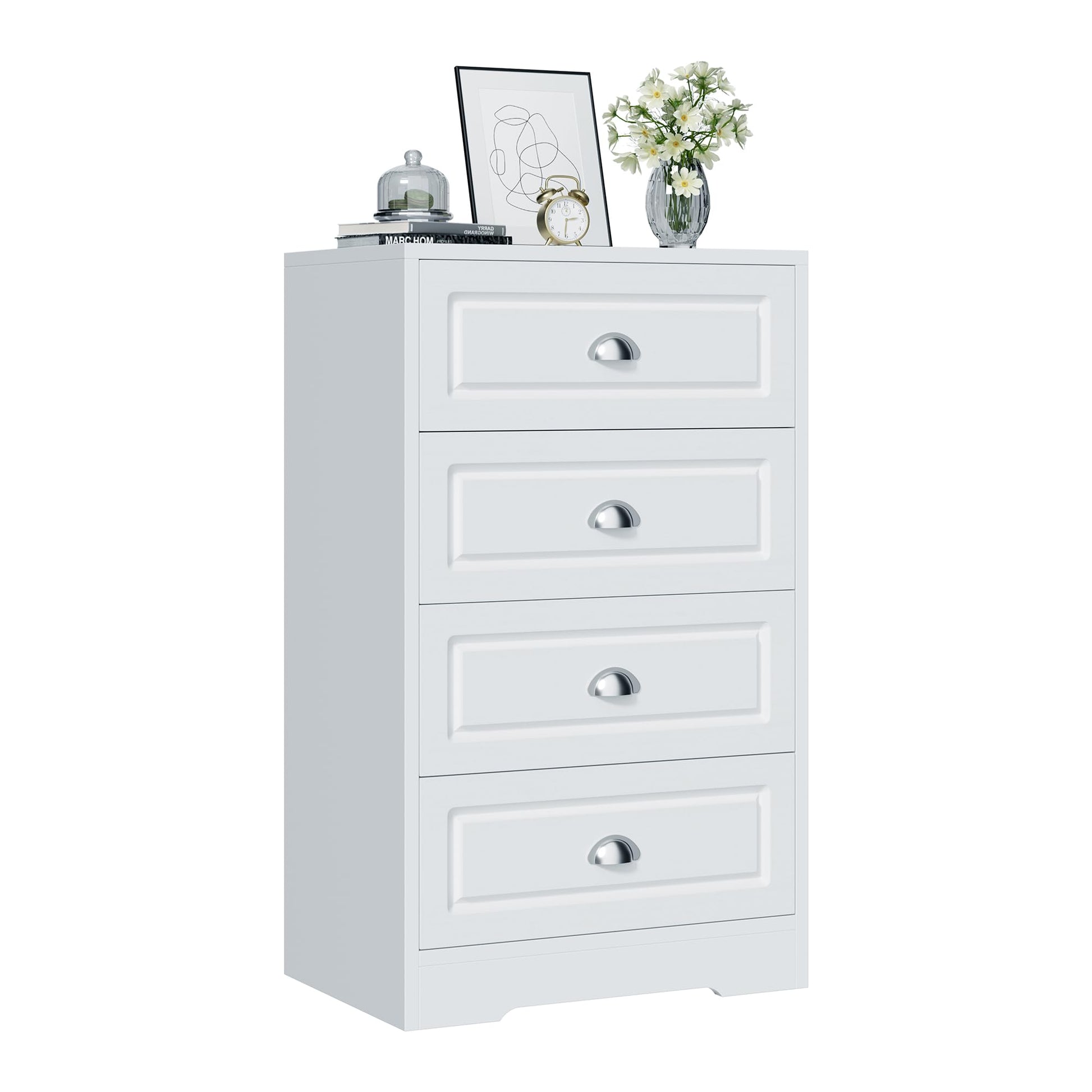 Shintenchi White Tall Dresser for Bedroom, 4 Drawer Narrow Nightstand, Chest of Drawers Vertical Wooden Dresser with Metal Handle, Living Room Storage Organizer, White and Silver - WoodArtSupply