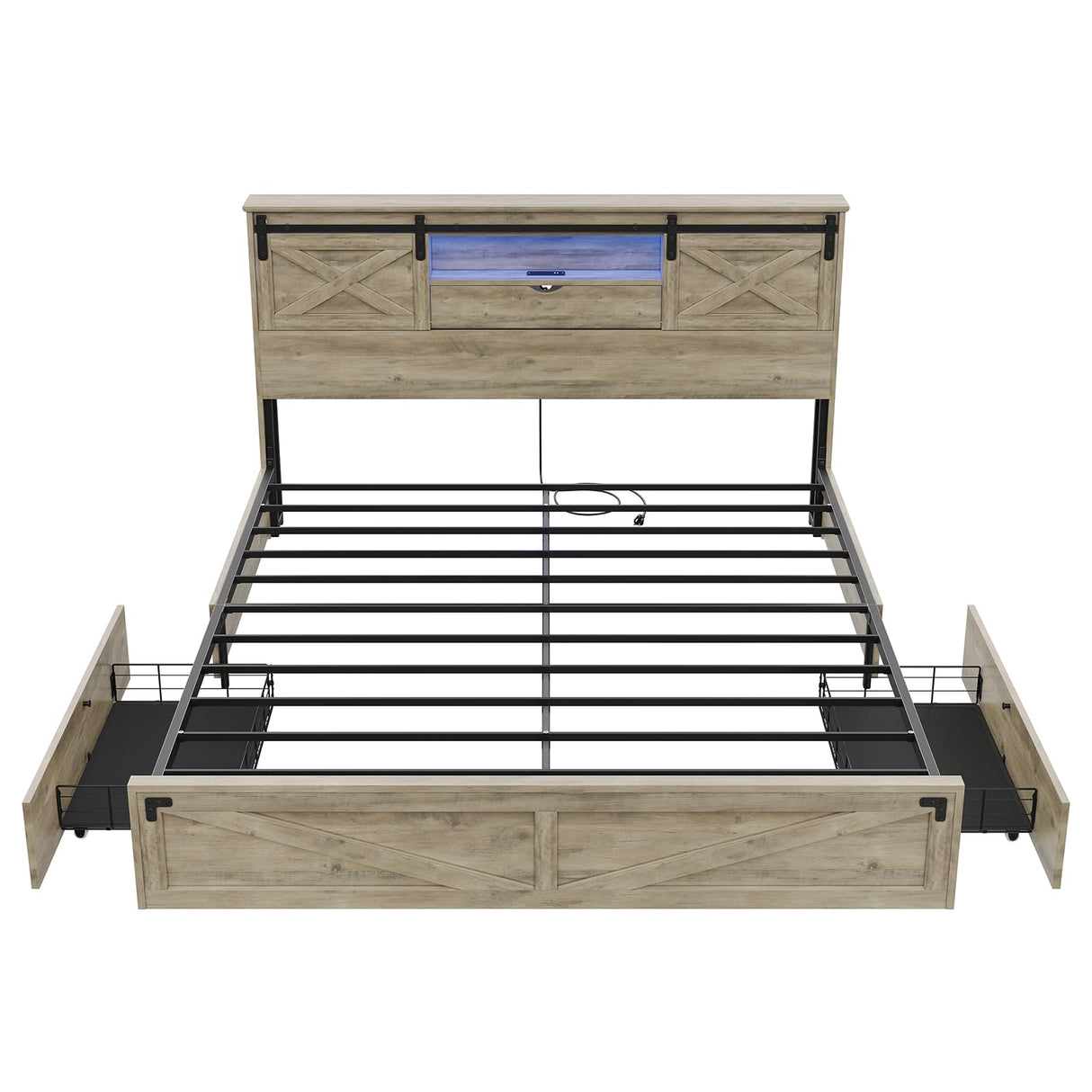 Hasuit Farmhouse Bed Frame California King Size with Storage Bookcase Headboard, Wooden Cal King Bed with LED Lights, Charging Station, 2 Drawers, Country Rustic Bed Frame with Sliding Barn Door Hasuit
