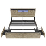 Hasuit Farmhouse Bed Frame California King Size with Storage Bookcase Headboard, Wooden Cal King Bed with LED Lights, Charging Station, 2 Drawers, Country Rustic Bed Frame with Sliding Barn Door Hasuit