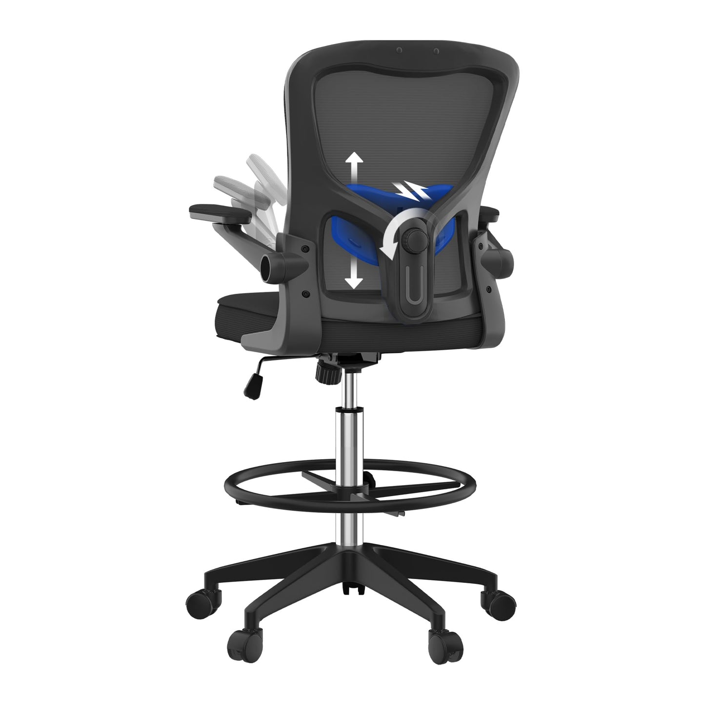 FLEXISPOT Drafting Chair Tall Office Chair with 2D Lumbar,3D Flip-up Armrest,Standing Desk Chair with Breathable Mesh & Adjustable Foot Ring BIFMA Certified for Home Office,Drawing,Guitar(Black)