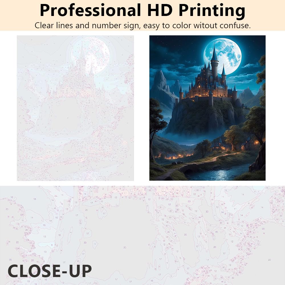 TUMOVO Castle Paint by Numbers Kit for Adults, Moonlight Adult Paint by Number Kits on Canvas, DIY Acrylic Oil Painting for Gift Home Wall Decor Fantasy Night Scene 16"x20"(Frameless) TUMOVO