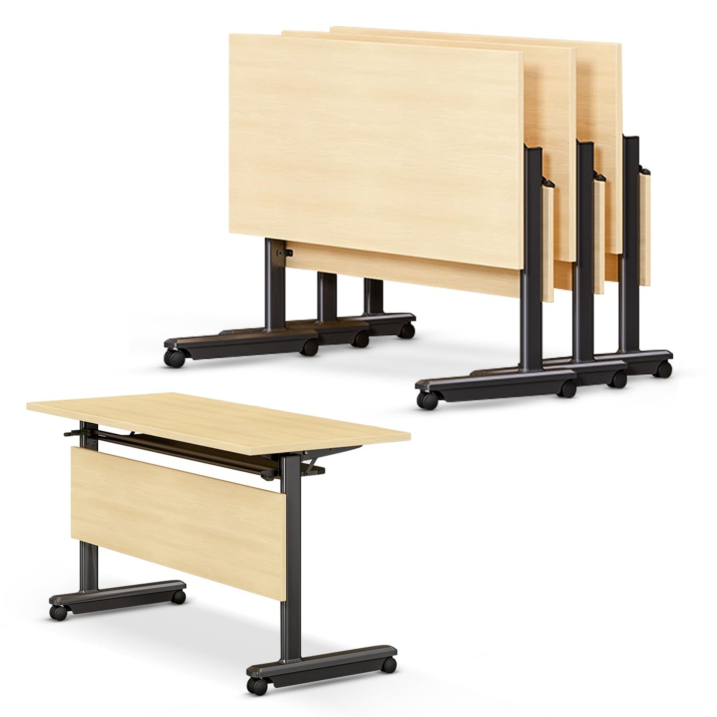 55in conference table,modern wood color office folding Flip Top Mobile Training Table With chair 55"D x 23.6"W x 29.5"H with wheels is convenient suitable for office meeting room classroom use (3Pcs )