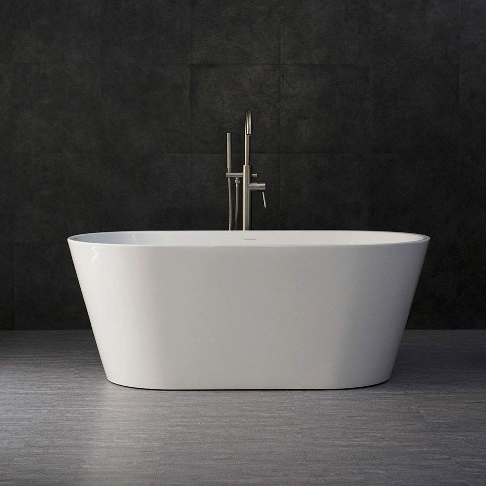 WOODBRIDGE 59" Acrylic Freestanding Bathtub Contemporary Soaking Tub with Brushed Nickel Overflow and Drain B0014B,White WOODBRIDGE