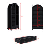 Hitow Curio Cabinet with Glass Doors, Arched Display Cabinet with Drawers & Solid Pine Legs, 34.6" W Arch Bookcase, 5-Tier Black Display Case for Collectibles, Living Room Hitow