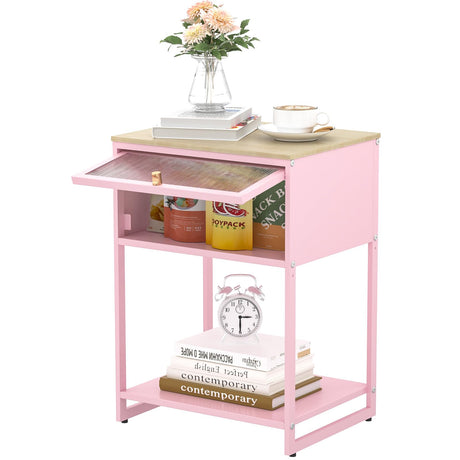 SYKIARIOL Pink Nightstand,End Tables with Storage Drawer,Bedside Table with Open Storage Shelf,Metal Side Table,Durable Wood Top Side Table for Bedroom,Living Room,Dorm,Guest Bedroom,Pink SYKIARIOL