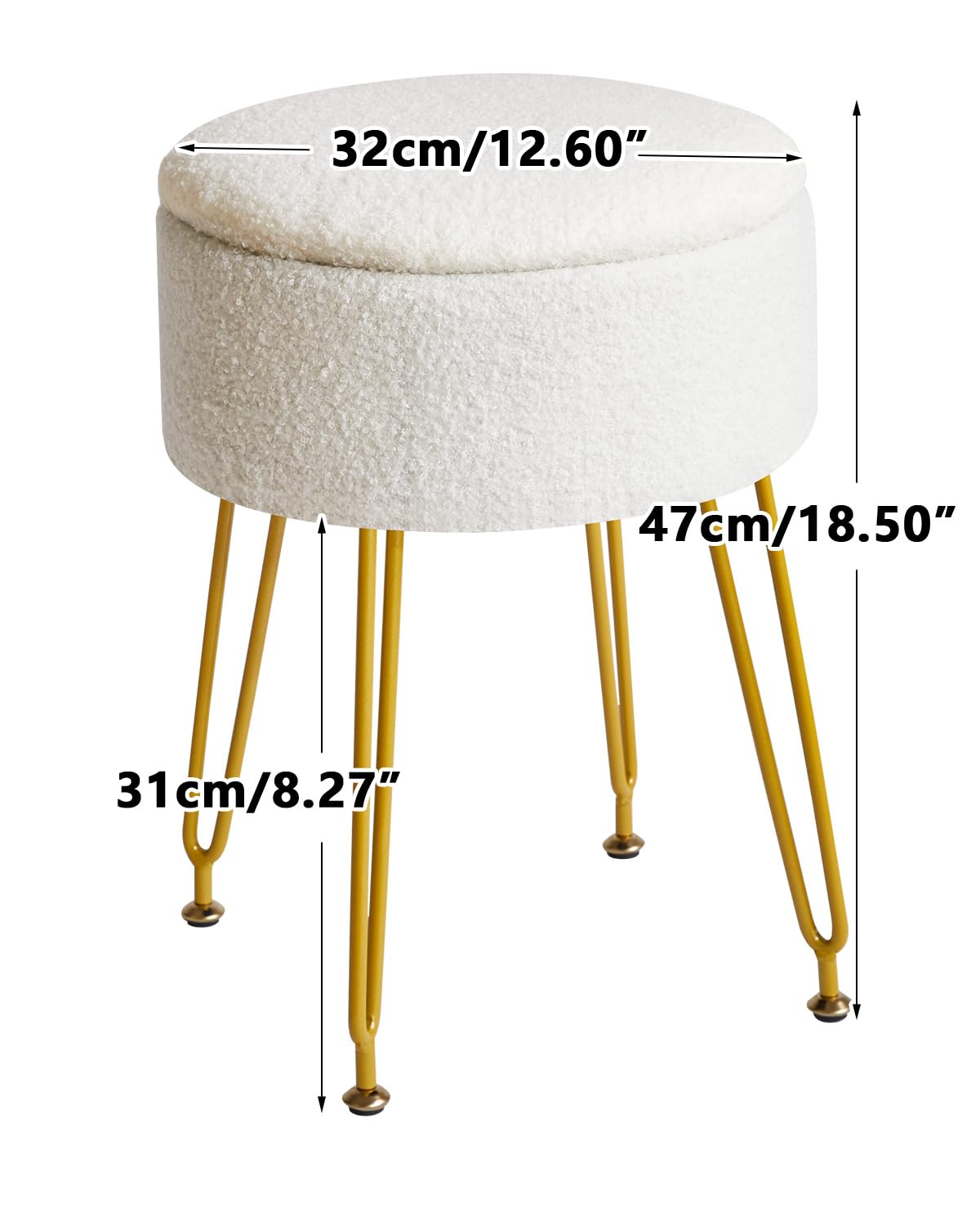 IBUYKE Teddy Velvet Storage Footrest Stool Ottoman, Makeup Vanity Stool Side Table with Removable Cover, Golden Steel Legs, Coffee Table Top Cover, White WBD010W IBUYKE