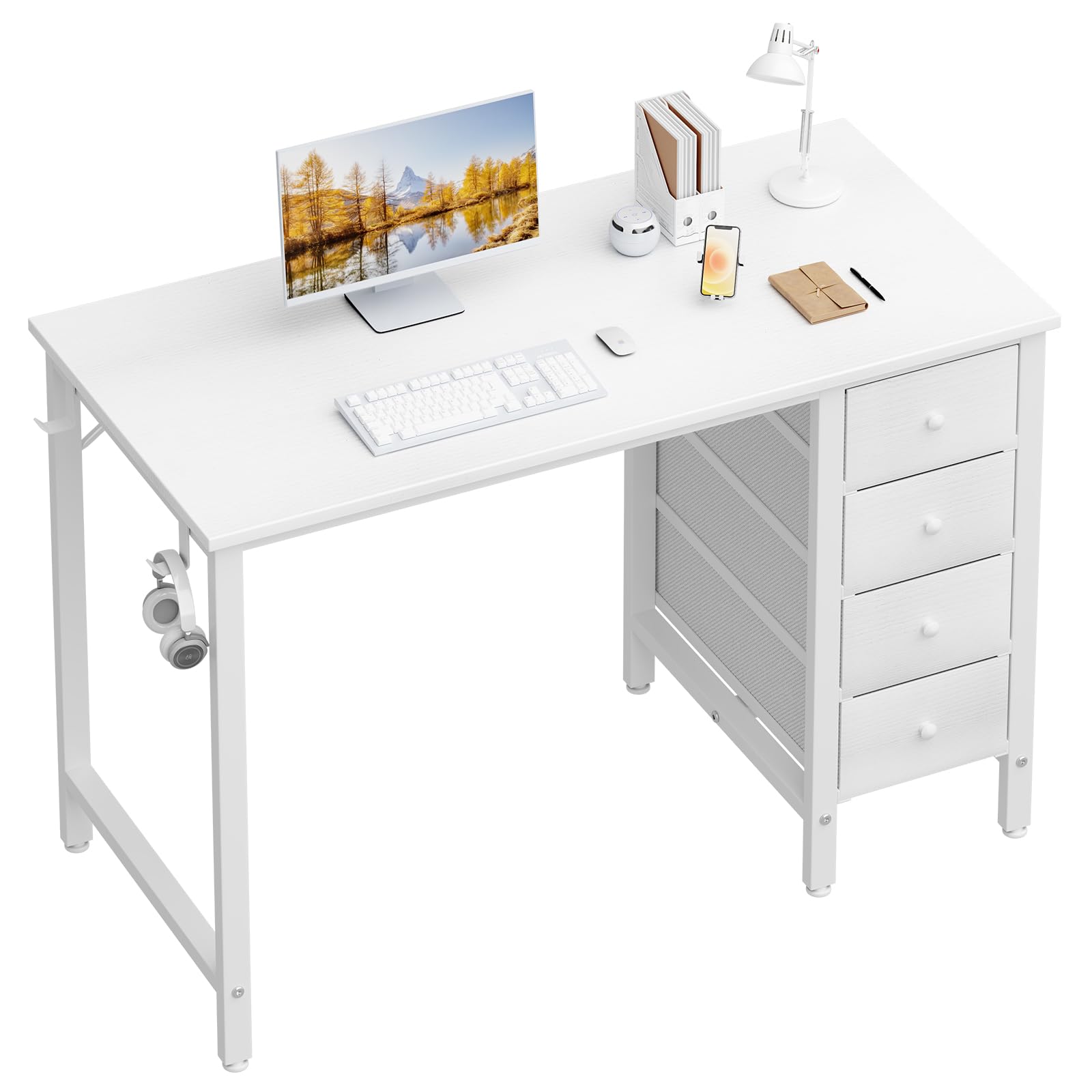 Lufeiya Small White Desk with Drawers - 40 Inch Kids Girls Teen Cute Study Desk for Bedroom Work, Computer Writing Table Desks with Fabric Drawer for Small Spaces Home Office - WoodArtSupply