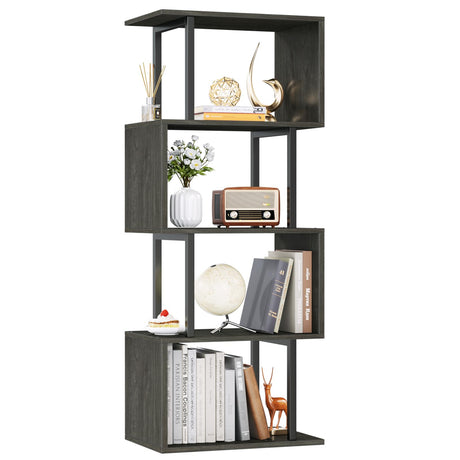 Furologee Geometric Bookshelf 5 Tier Bookcase, Industrial S-Shaped Display Storage Shelf for Small Space, Tall Metal Wood Decorative Standing Shelves for Bedroom, Living Room, Office, Black Oak Furologee