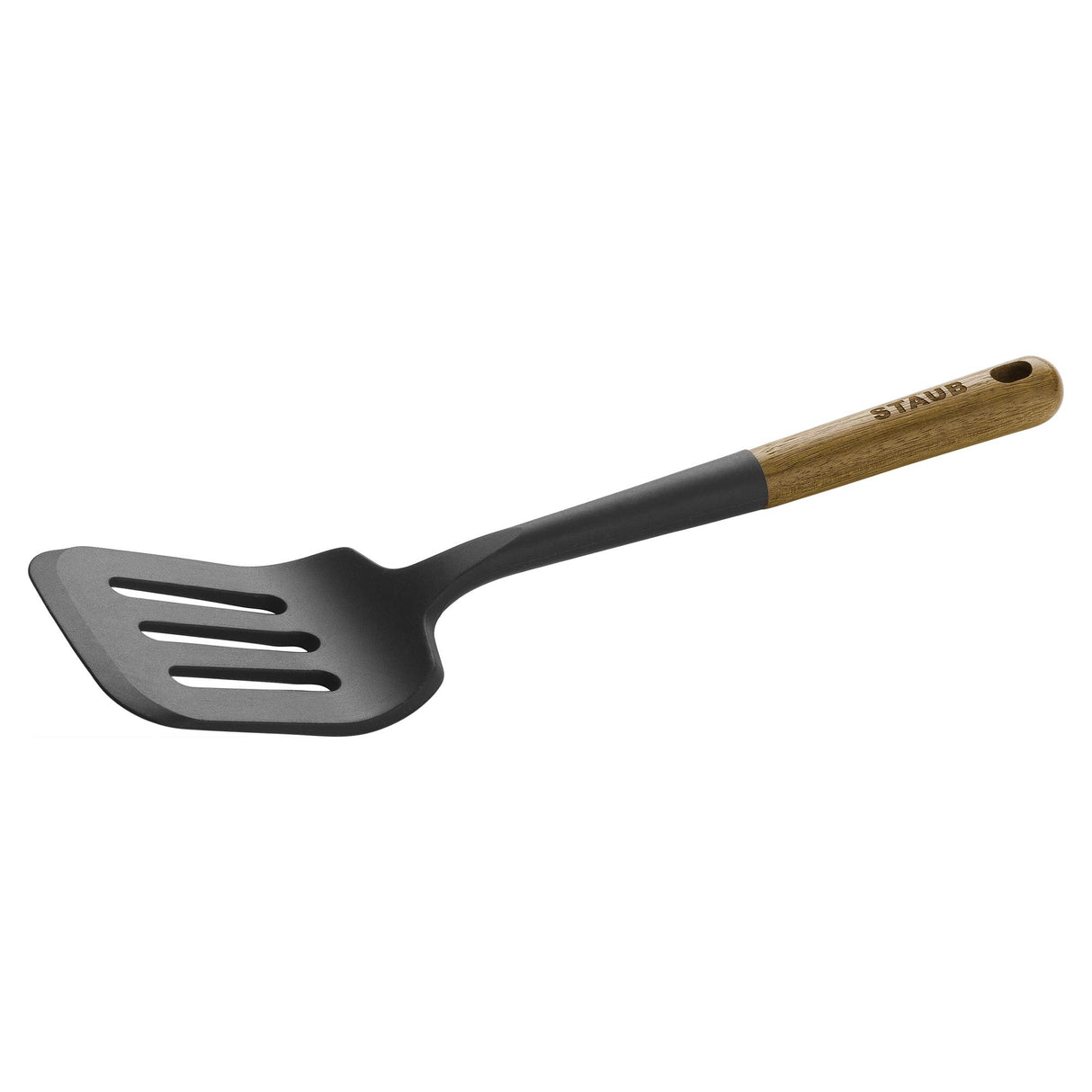 STAUB Silicone Spatula Turner, Perfectly Angled for Lifting Pancakes, Sandwiches and Picking up Veggies Durable BPA-Free Matte Black Silicone, Acacia Wood Handles, Safe for Nonstick Cooking Surfaces STAUB