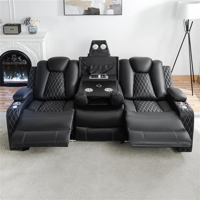 Naomi Home Chicago Sofa Black Air Leather – Premium 3-Seater Reclining Sofa with Console, Cup Holders, USB Ports, Pillow Top Armrests & Split Back Design – Modern Faux Leather Couch for Living Room Naomi Home