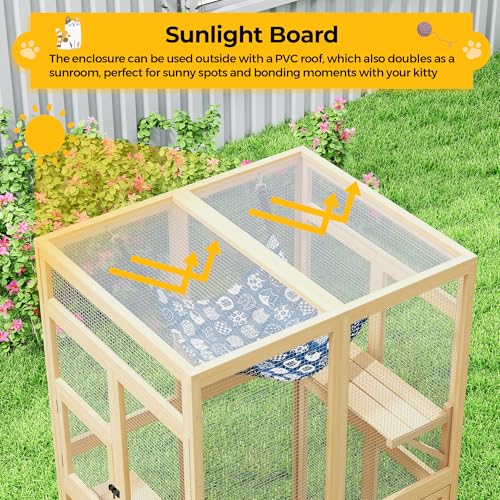 COZIWOW Catio Outdoor Cat Enclosure Window Access, Wooden Cat House Shelter, Kitty Cage with Hammock for Patio Indoor (Wood) COZIWOW
