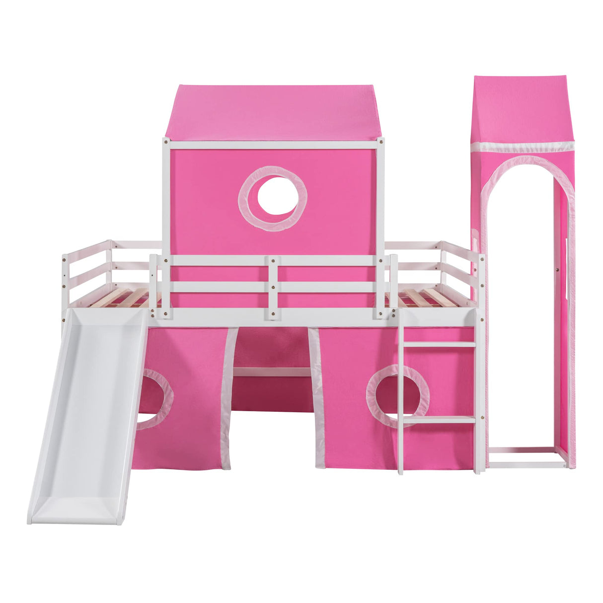 House Full Loft Bed Frame with Slide and Tent, Full Size Loft Bed with Small Pinnacle and Ladders, Wood Full Bunk Beds, Playhouse Bed Frame for Kids, Teens, Boys & Girls (Full Size, Pink) Harper & Bright Designs