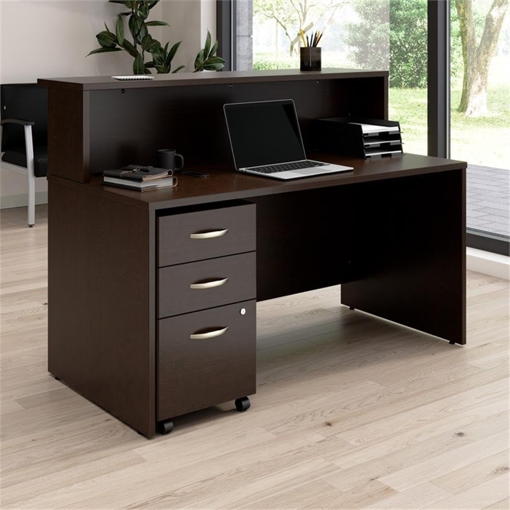 Bush Business Furniture Arrive 60W x 30D Reception Desk with Shelf and Mobile File Cabinet in Mocha Cherry Bush Furniture