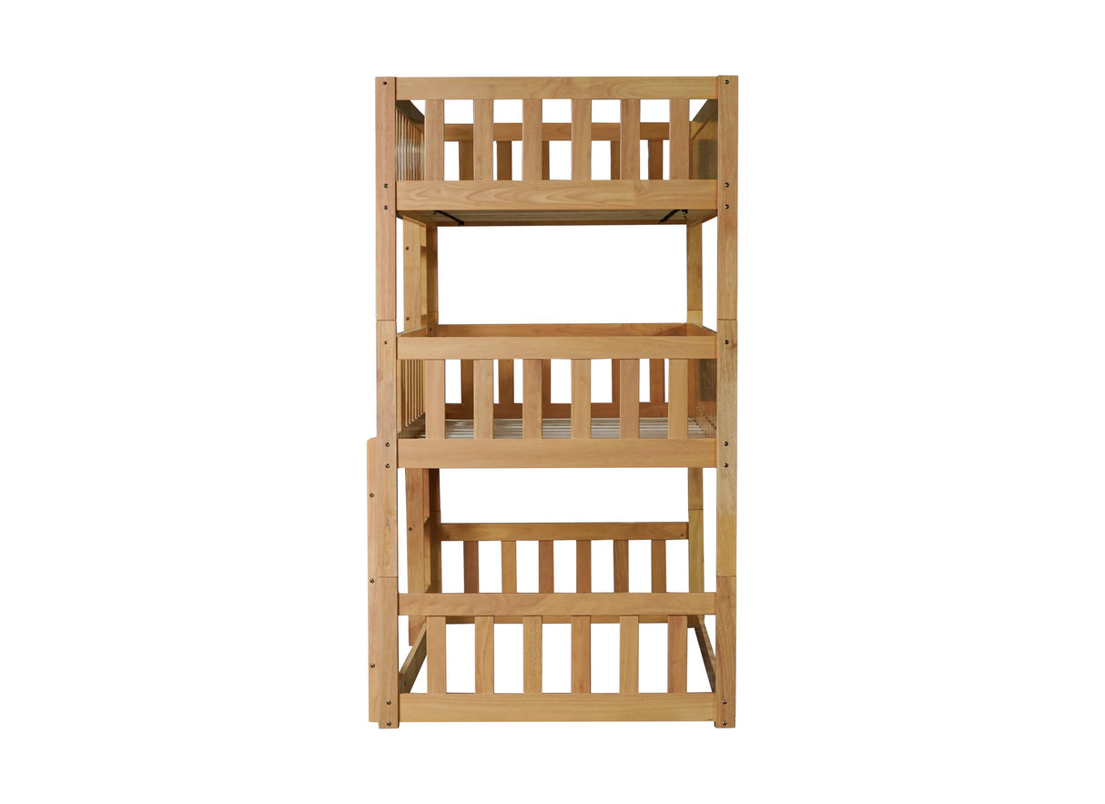 VilroCaz Modern Triple Bunk Bed, Rubber Wood Detachable Triple Twin Bunk Bed Frame, 3-in-1 Bunk Beds with Ladder and Guardrails for Kids Teens, Maximize Space (Oak-ON) VilroCaz
