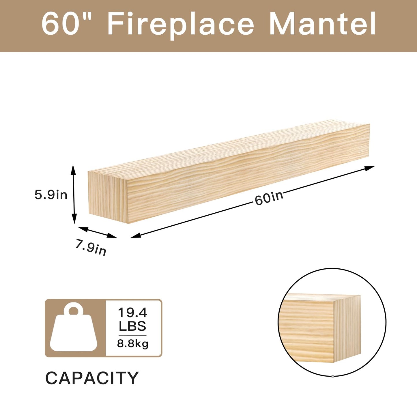 POPRHINO Fireplace Mantel Shelve, Solid Wood Baked Finish Wall-Mounted Floating Shelf for Over Fireplace, Handcrafted Floating Fireplace Mantels with Wooden Bracket, 60 x 8 x 6 Inches, Natural