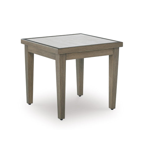 Signature Design by Ashley Rainier Ranch Contemporary Sintered Stone Tabletop Outdoor End Table with 4 Legs, Light Brown & Beige Signature Design by Ashley