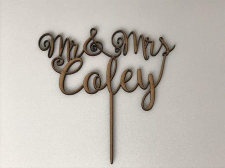 Mr and Mrs Wedding Cake Topper, Custom Rustic Decoration, Personalized Calligraphy Wooden Cupcake with Your Last Name, Customized Topper, Bride & FranJohnsonHouse