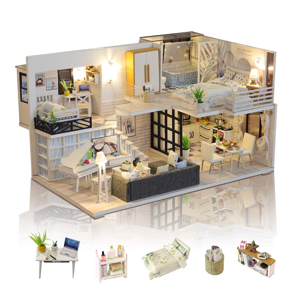 GuDoQi DIY Miniature Dollhouse Kit with Furniture, Tiny House kit 1:24 Scale, Need to Assemble Around 30 Hours, Great Handmade Crafts Gift for Birthday, Christmas, Life House(No Dust Cover) GuDoQi