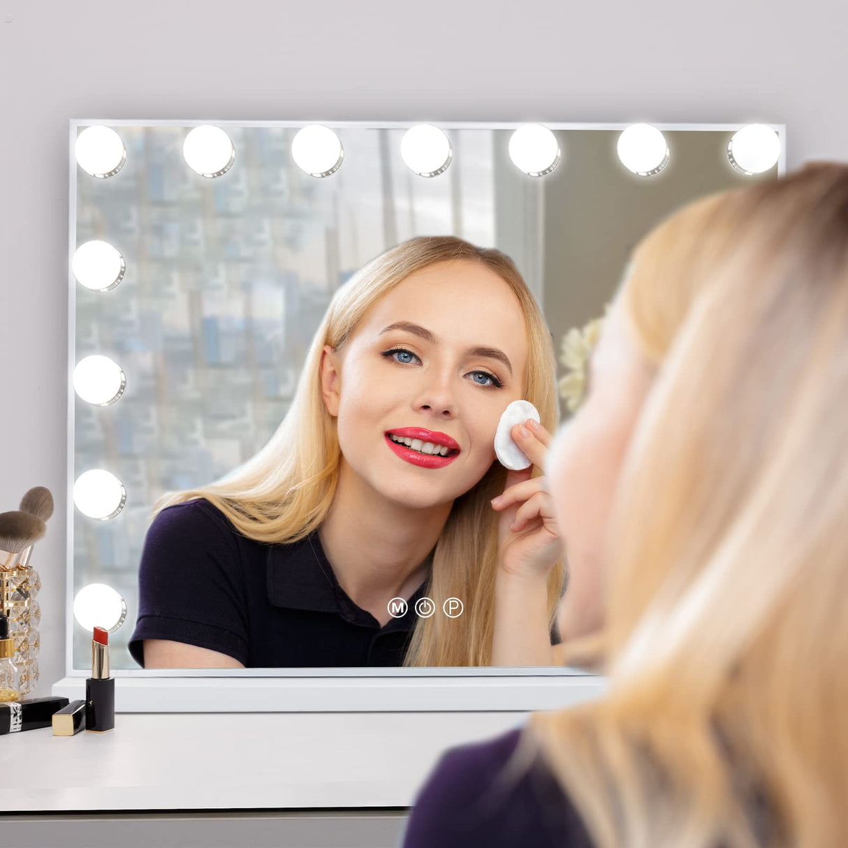 Leishe Vanity Mirror with Lights 15LED Bulbs 3 Lighting Modes Lighted Makeup Mirror for Desk or Wall-Mount Hollywood Vanity Mirror with USB Charger Port and 10X Magnification (22"x18") Leishe