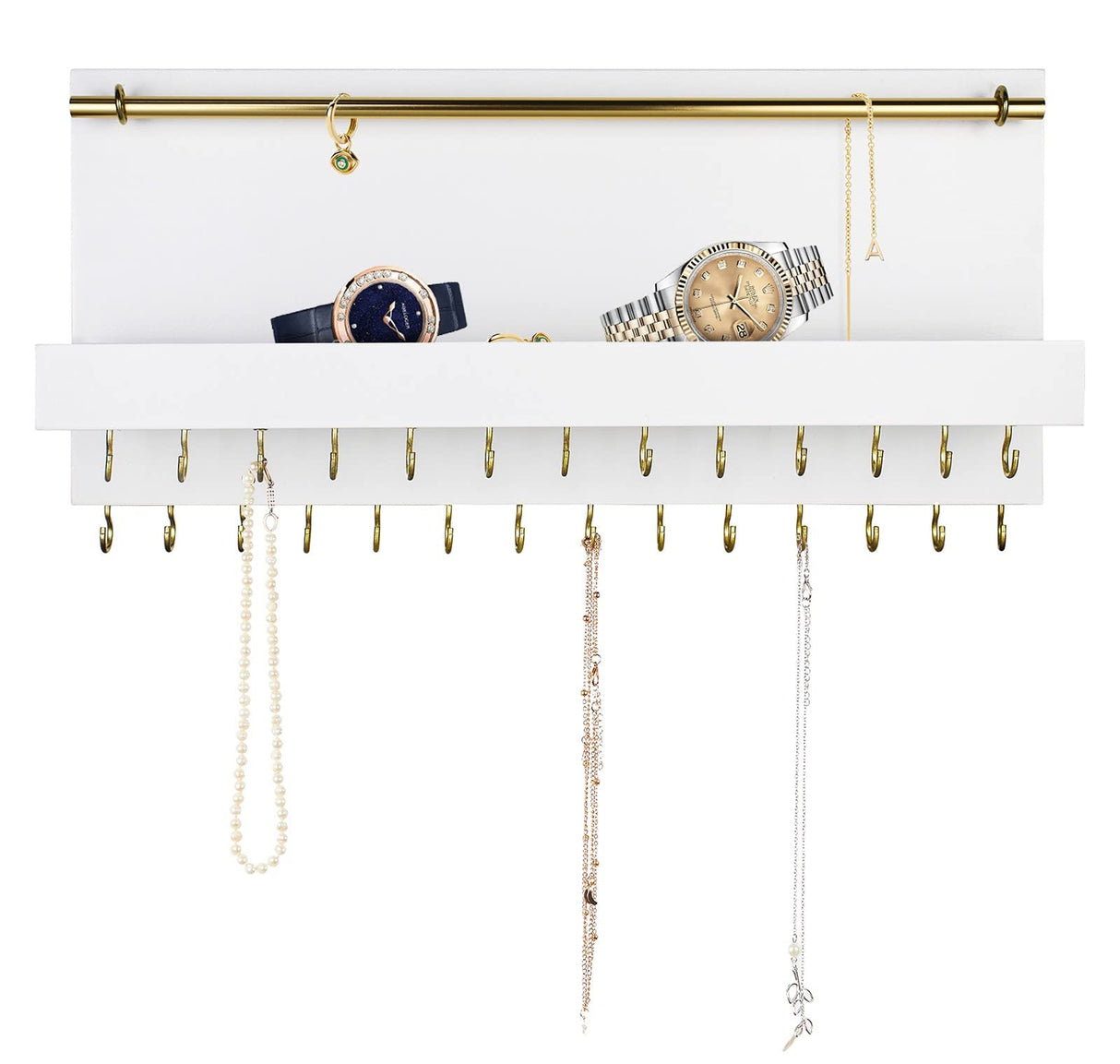 SANY DAYO HOME 27 Hooks Wall Mounted Necklace Holder 14 x 6 inch Hanging Rustic Wooden Jewelry Organizer with Removable Bracelet Rod and Shelf for Kids, Girls, Women - Ivory White SANY DAYO HOME