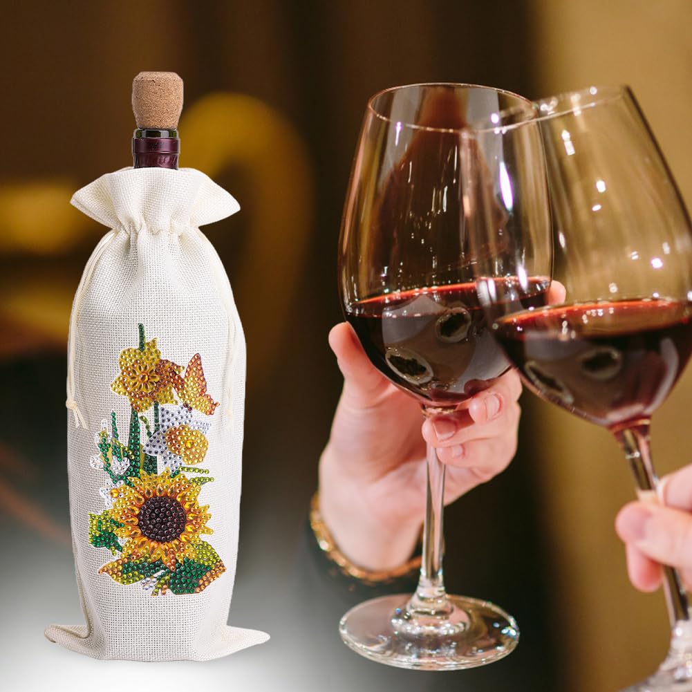 4 Pcs DIY Diamond Painting Art Kit Diamond Painting Wine Bag Kit Rhinestones Label Liquor Bottle Cover Gift for Wine Lover Women Men Christmas (Flower Birds) Generic