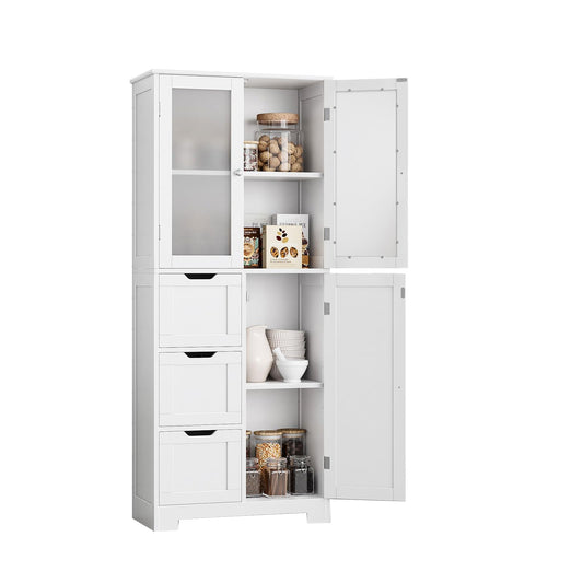 BOTLOG Kitchen Pantry Storage Cabinet with 3 Doors & Adjustable Shelves, Freestanding Bathroom Storage Cabinet with 3 Drawers, Wood Cupboard for