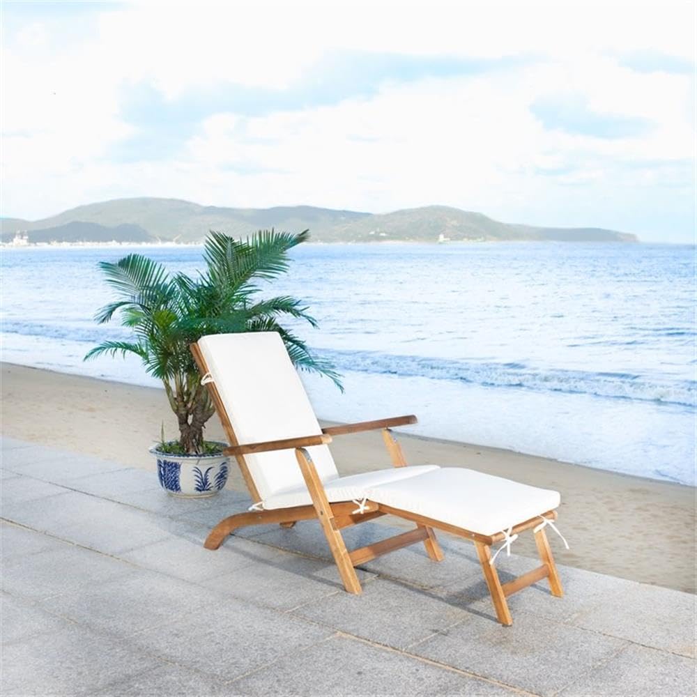 SAFAVIEH Outdoor Collection Palmdale Natural Brown Solid Wood/Beige Cushion Chaise Lounge Chair (PAT7015C) Safavieh