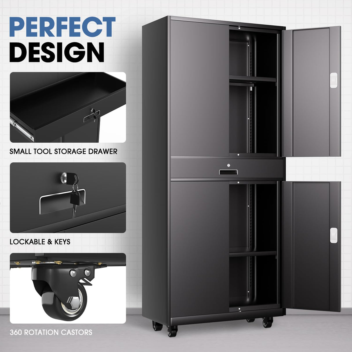 DNA MOTORING 73'' Metal Storage Cabinet, Rolling Garage Cabinet with 1 Drawer and Adjustable Shelves, Lockable Heavy Duty Metal Locker for Garage,Office,Home,Gym, Black, TOOLS-00630-BK-BK-A DNA MOTORING