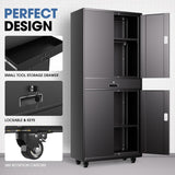 DNA MOTORING 73'' Metal Storage Cabinet, Rolling Garage Cabinet with 1 Drawer and Adjustable Shelves, Lockable Heavy Duty Metal Locker for Garage,Office,Home,Gym, Black, TOOLS-00630-BK-BK-A DNA MOTORING