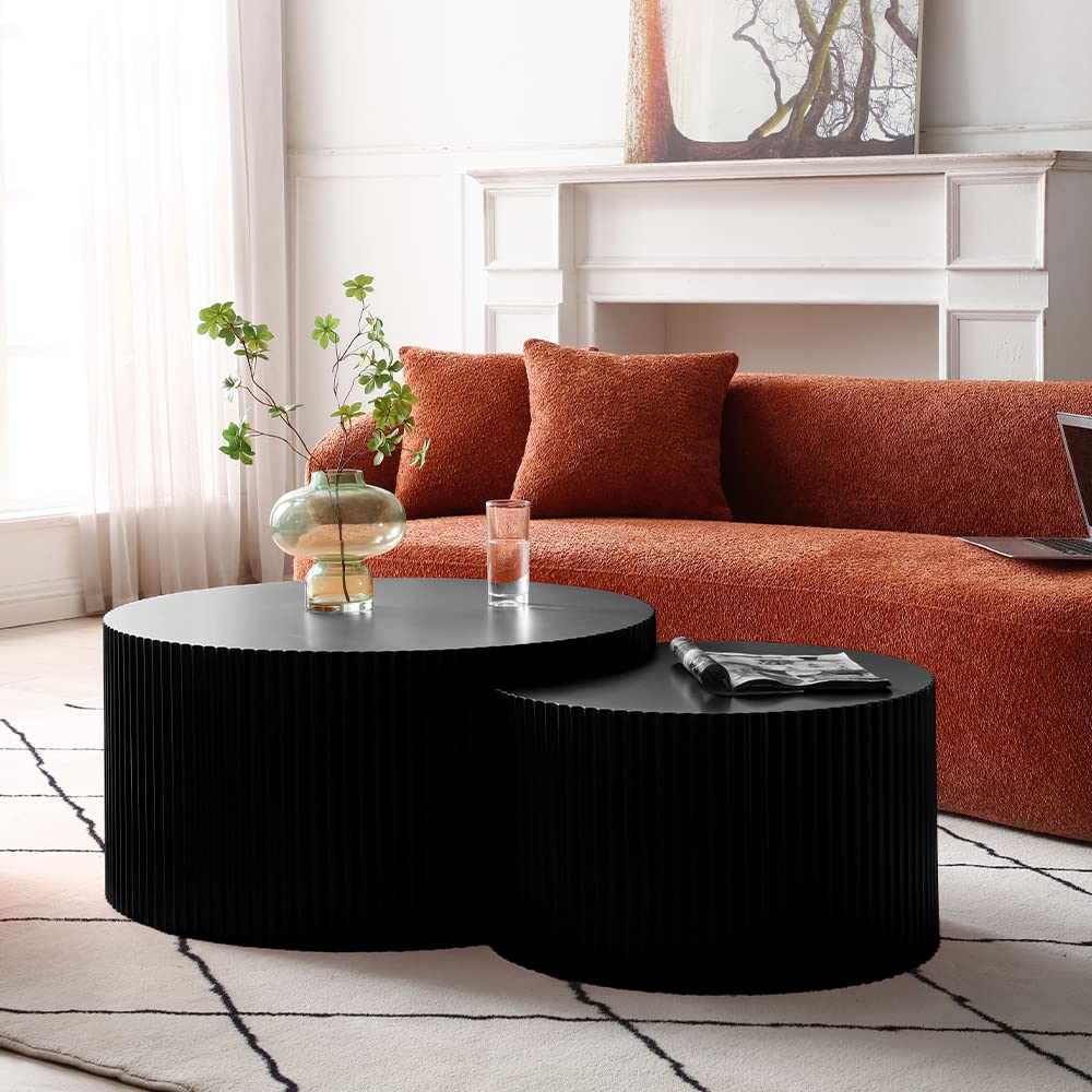 WILLIAMSPACE Nesting Coffee Table Set of 2, Round & Crescent Moon Wooden Coffee Tables, Modern Luxury Accent End Tea Table for Living Room Apartment (Black-Round) WILLIAMSPACE