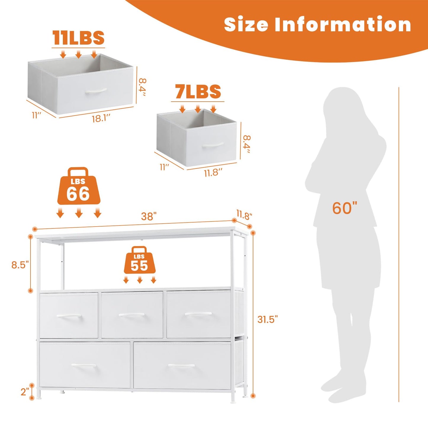 Sweetcrispy 5 Fabric Drawer Dresser TV Stand for Bedroom, Entertainment Center for 45 Inch TV with Storage Drawer Unit, Open Shelf, Adjustable Feet, Living Room, White