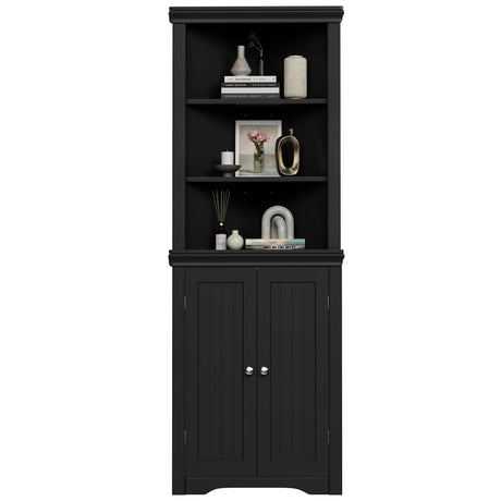 Flamaker Corner Cabinet, Freestanding Corner Shelf with 2 Doors and 3 Shelves, Bathroom Corner Storage Cabinet for Bathroom, Living Room, Bedroom or Kitchen (Black) Flamaker