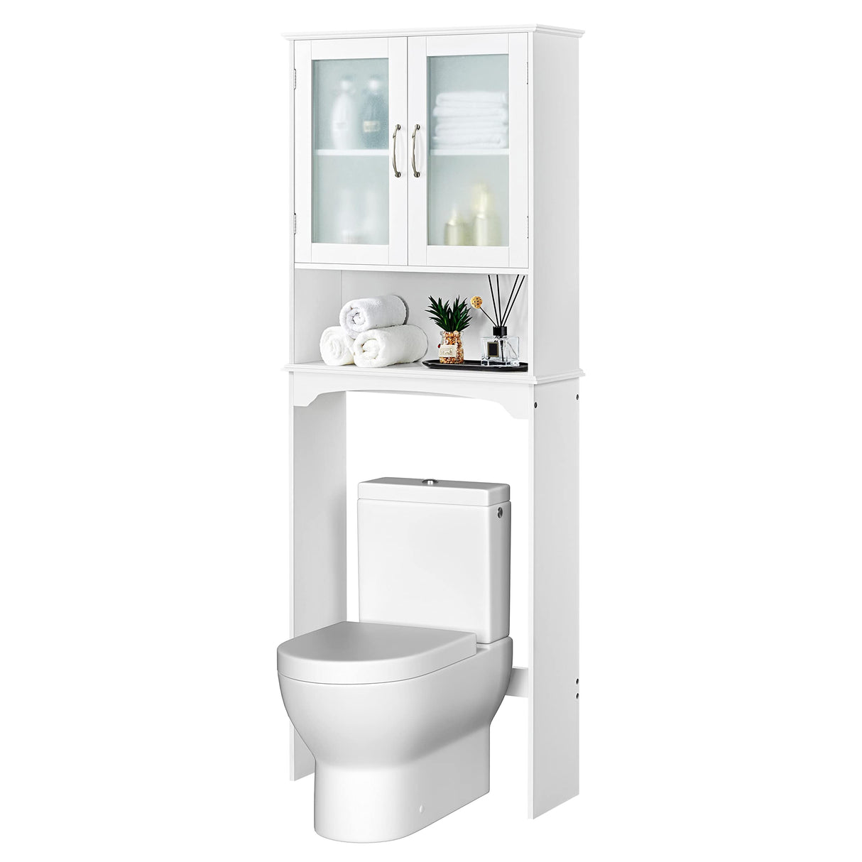 Yaheetech Over The Toilet Storage Cabinet with Double Tempered Glass Doors and Adjustable Shelf, Freestanding Bathroom Storage Rack, 66 Inches Height Yaheetech