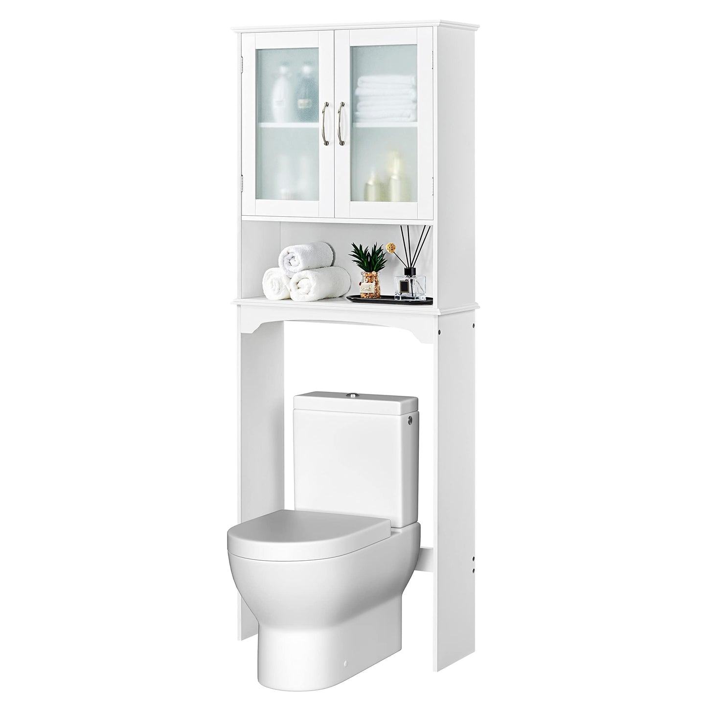 Yaheetech Over The Toilet Storage Cabinet with Double Tempered Glass Doors and Adjustable Shelf, Freestanding Bathroom Storage Rack, 66 Inches Height