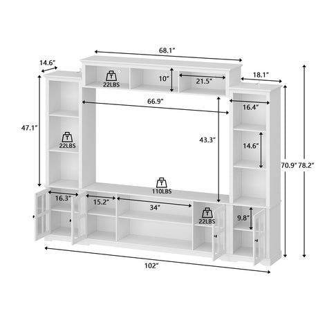 ROMSHINE Wall Unit Entertainment Center, TV Wall Units for Living Room with Storage, 102" W Large Farmhouse TV Stand with Glass Doors, Ajustable Bookshelf & Bridge for Bedroom, White ROMSHINE