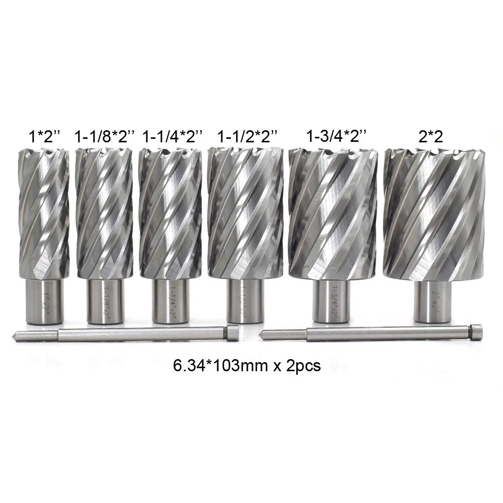 Annular Cutter Set 6pcs JESTUOUS 3/4 Inch Weldon Shank 2 Inches Cutting Depth 1 to 2 Cutting Diameter Two Flat HSS Slugger Bits for Drill Press with 2 Pilot Pins JESTUOUS
