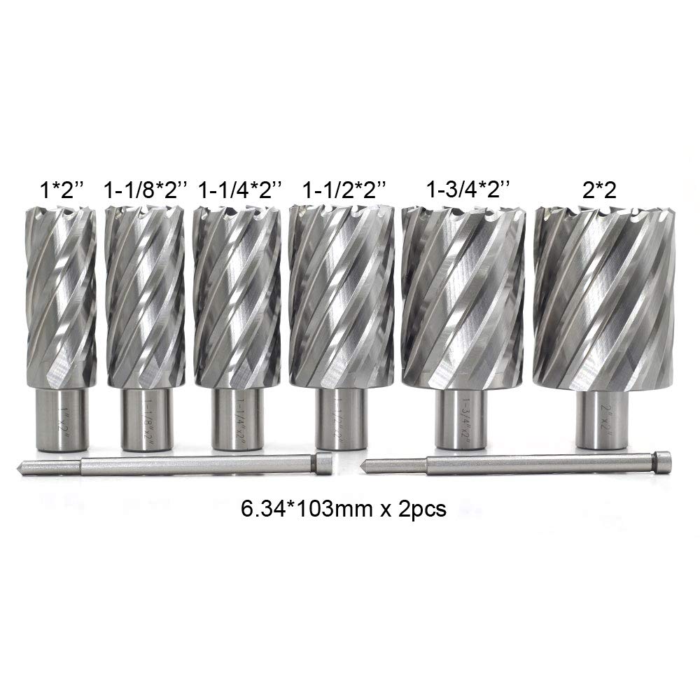 Annular Cutter Set 6pcs JESTUOUS 3/4 Inch Weldon Shank 2 Inches Cutting Depth 1 to 2 Cutting Diameter Two Flat HSS Slugger Bits for Drill Press with 2 Pilot Pins - WoodArtSupply