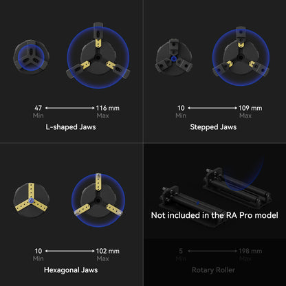 SCULPFUN RA Pro Rotary Chuck for Laser Engraver, 3 in 1 Multi-Function Laser Rotary Module with 180° Adjustable Angle, Y-axis Jaw Chuck Rotary for Engraving Cylindrical Objects,Tumbler, Ring - WoodArtSupply