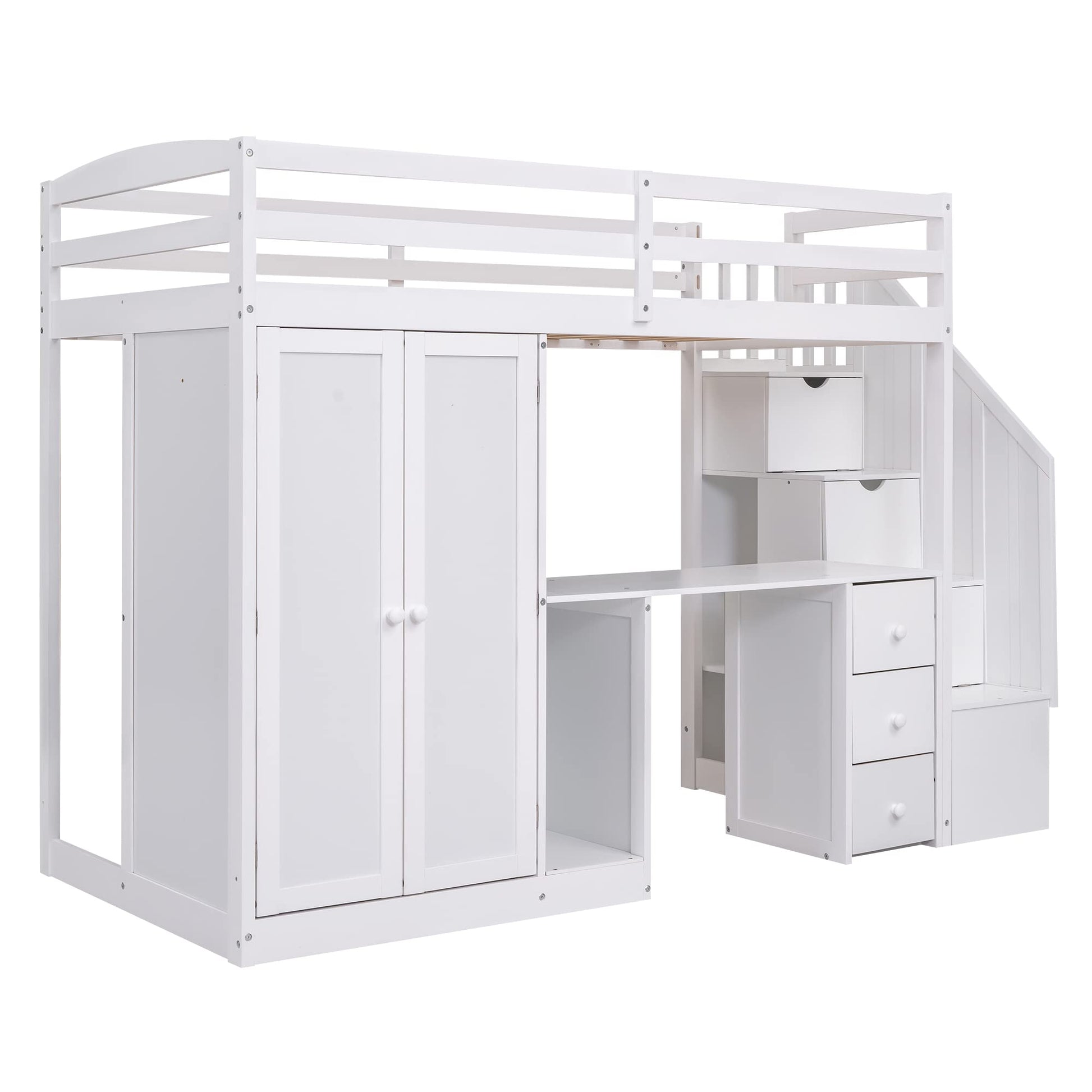 MERITLINE Twin Loft Bed with Desk, Wardrobe, and Storage Stairs - Space-Saving Design for Kids and Teens in White - WoodArtSupply