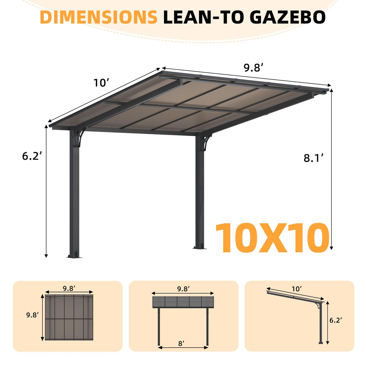 AECOJOY 10' x 10' Gazebo on Clearance, Outdoor Pergola Carport for Patio, Freestanding Lean to Hard Top Pergolas and Gazebos Clearance with Roof, Wall-Mounted Heavy Duty Awnings for Patio, Decks AECOJOY