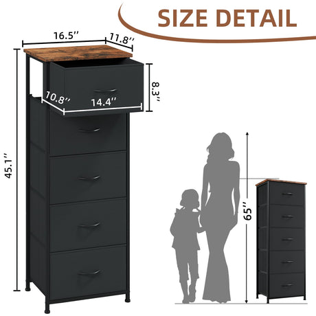 Somdot Dresser for Bedroom,Chest of Drawers Storage Organizer,Steel, MDF,Non-Woven Fabric Drawers,Closet Bedside Living Room Entryway Hallway,11.8"D x 16.5"W x 45.1"H (5 Drawers) Black Rustic Brown,1 Somdot