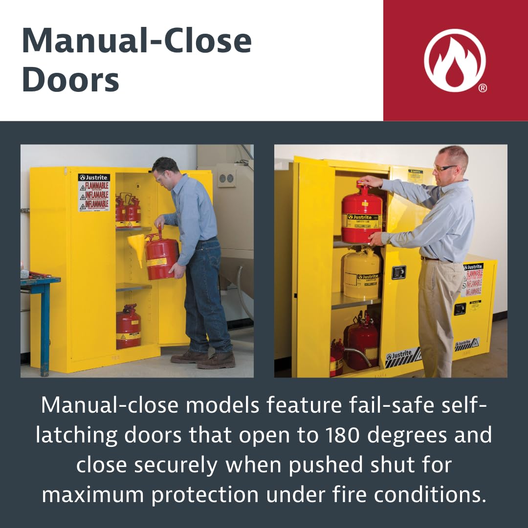 Justrite 45 Gallon Manual Close Flammable Storage Cabinet, 18 Gauge Steel, 2 Shelves, 2 Door Fire Cabinet, 65" x 43" x 18", Made in The USA, Yellow, 894500 Justrite