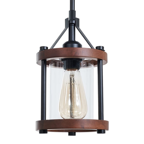 Farmhouse Pendant Light in Wood and Metal Cage, Rustic Brown Wood Pendant Light with Glass, Adjustable Hanging Light Fixtures, Mini Pendant Lighting for Kitchen Island, Hallway, Foyer, 1 Pack Ejerlya