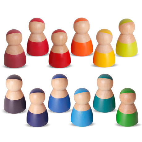 SHIERDU 12 PCS Rainbow Wood Peg Dolls Wooden Pretend Play People Figures for Toddlers Preschool Learning Educational Toys Wooden Toddler Toys for Boys Girls SHIERDU