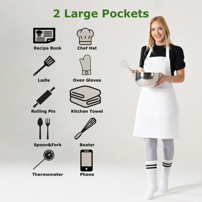 TOSHE Kitchen Apron Waterdrop Resistant Cotton Apron with adjustable Aprons for Women with Pockets 10 Color option Cooking White Apron(White)