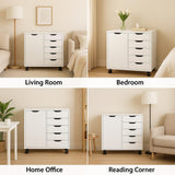 5-Drawer Dresser with 2-Shelf Cabinet, White, Smart Storage, Streamlined with Adjustable Dividers, Lockable Casters & Smooth Slides; Multi-Use Rolling Storage for Office, Craft Room, Bedroom Naomi Home