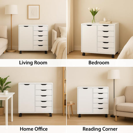 5-Drawer Dresser with 2-Shelf Cabinet, White, Smart Storage, Streamlined with Adjustable Dividers, Lockable Casters & Smooth Slides; Multi-Use Rolling Storage for Office, Craft Room, Bedroom Naomi Home