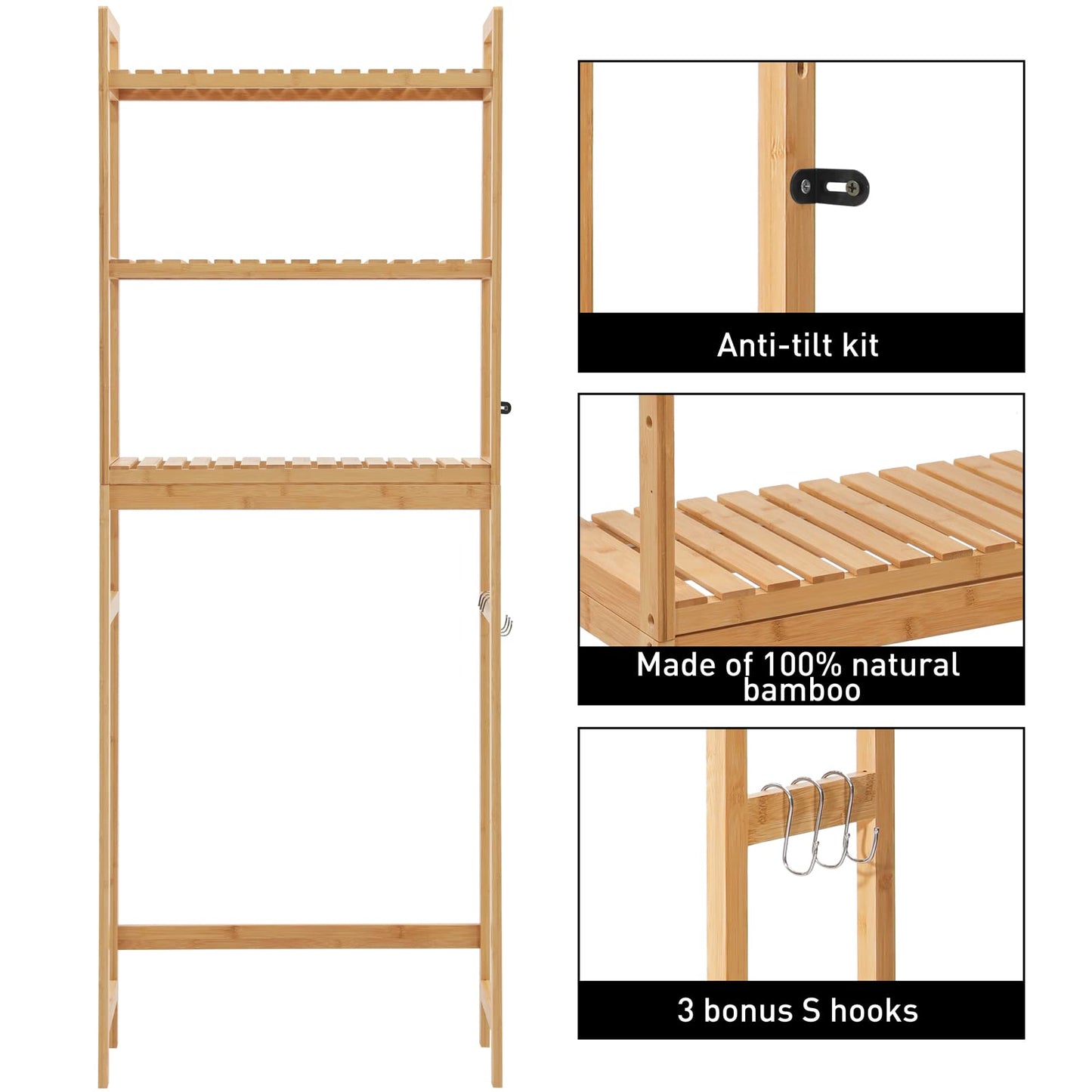 HITOMEN 3-Tier Bamboo Over The Toilet Storage Cabinet with Adjustable Shelves and Hooks - WoodArtSupply