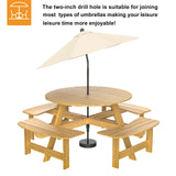 ROOMTEC Outdoor Round Picnic 4 Built Umbrella Hole 8 Person Outside Table and Bench Set for Garden, Backyard, Porch, Patio, Natural ROOMTEC