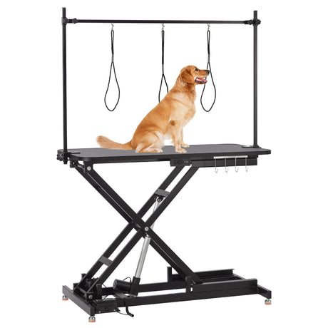 50Inch Electric Dog Grooming Table, Heavy Duty X-Type Electric Lift Pet Grooming Table for Large Dogs, with Overhead Arm, Usb Sockets and 3 Grooming Noose, Height Adjustable, Black TROPOW